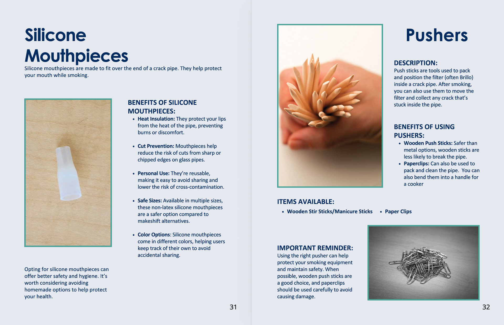 A screenshot pamphlet features title copy reading "Silicone Mouthpieces" and "Pushers," photos of a silicone mouthpiece and a hand holding wood sticks with sharpened ends and a pile of safety pins with captions and bullet lists, and page numbers of 31 and 32.