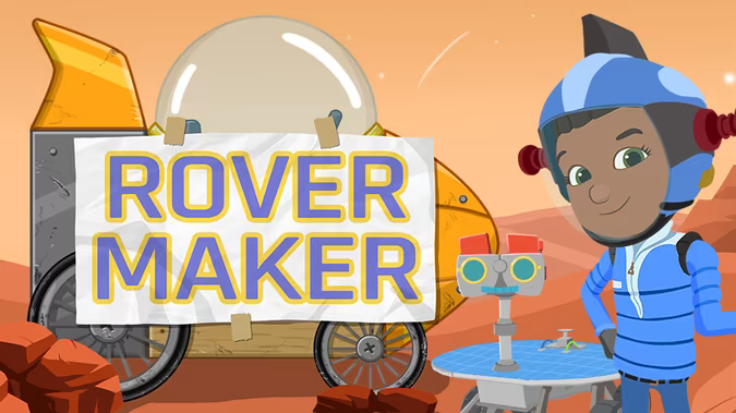Cartoon girl in a space suit with the text: Rover Maker