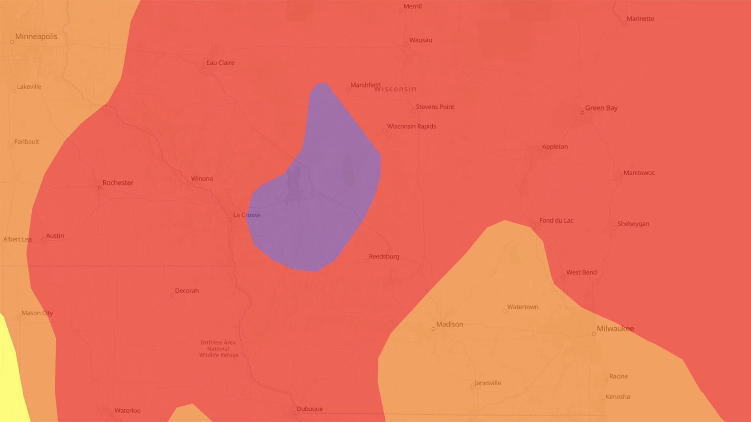 A map showing state boarders and names of different municipalities in Wisconsin and areas of Minnesota and Iowa shows air quality levels coded with four different colors: yellow, orange, red and purple. A map showing state boarders and names of different municipalities in Wisconsin and areas of Minnesota and Iowa shows air quality levels coded with four different colors: yellow, orange, red and purple.