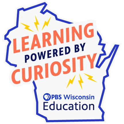 Illustrated Wisconsin state outline with lightning bolt accents and the text "Learning Powered by Curiosity, PBS Wisconsin Education."