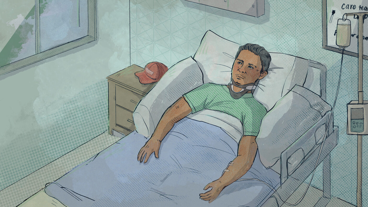 A hand-drawn illustration shows a man wearing a neck brace lying in a hospital bed with his arms above the blanket and his shoulders braced by pillows, with an IV line attached to his arm from a fluid bag mounted on a poll, and with a baseball cap on a nightstand on the other side of the bed. A hand-drawn illustration shows a man wearing a neck brace lying in a hospital bed with his arms above the blanket and his shoulders braced by pillows, with an IV line attached to his arm from a fluid bag mounted on a poll, and with a baseball cap on a nightstand on the other side of the bed.