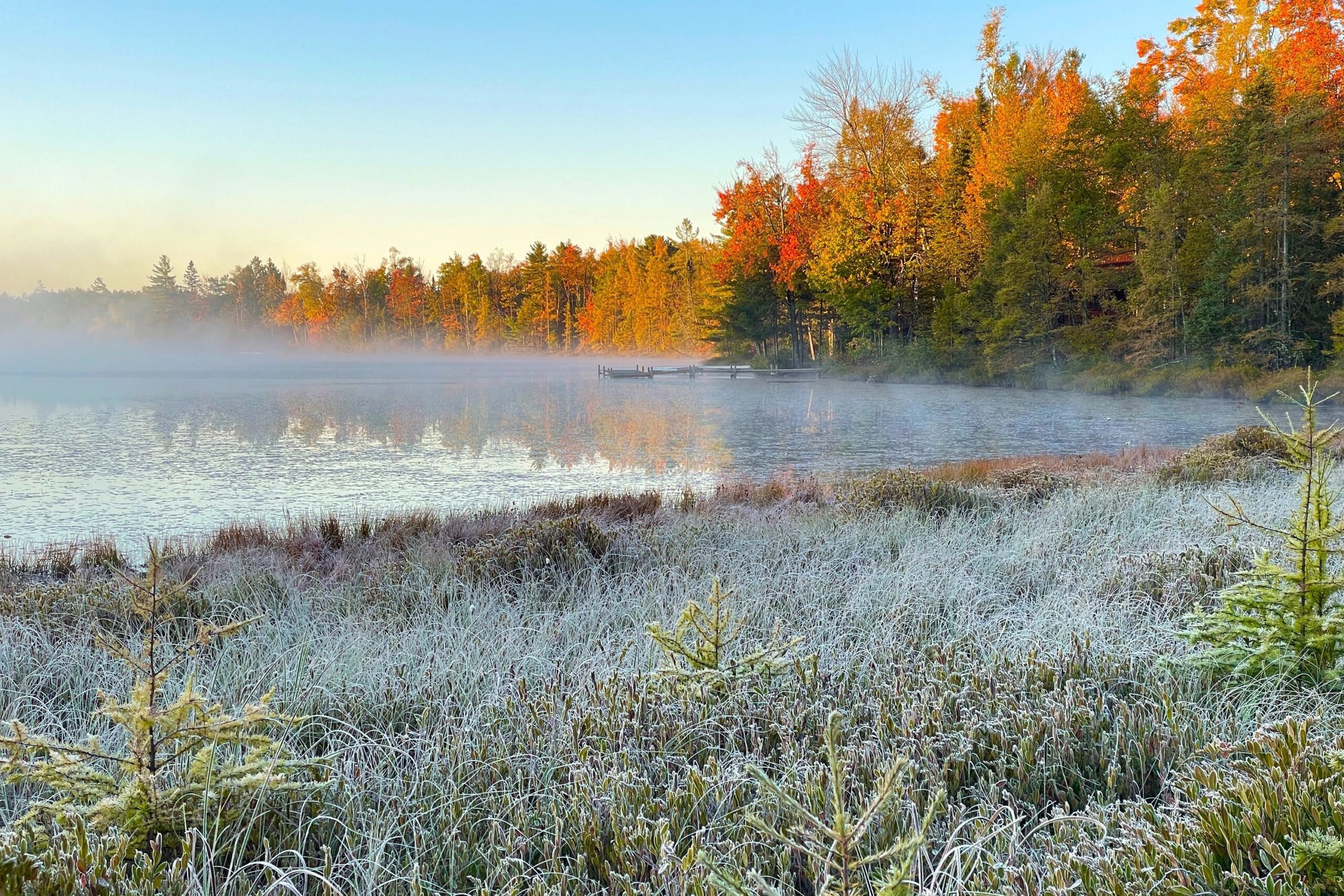 Misty autumn lake bordered by frost-covered grasses and evergreens, with vibrant red, orange, and gold trees glowing in soft morning light. "Frosty Foggy Autumn Morn" by Katherine Murphy of Fitchburg, Wisconsin, earned first place in the Landscape category at the 2026 Garden & Green Living Expo.