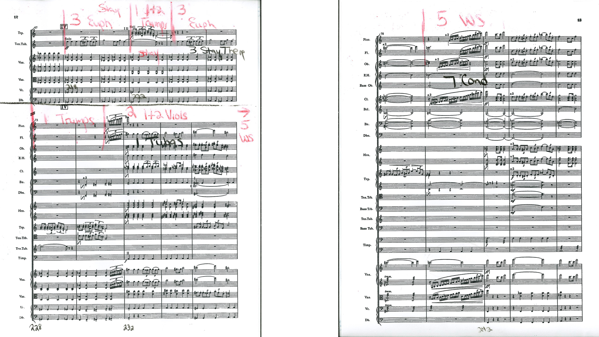 Two-page orchestral sheet music score filled with notation and handwritten annotations, including instrument labels, section numbers, and performance markings.