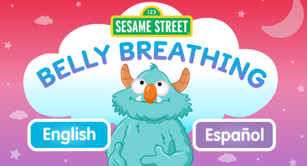 A friendly cartoon muppet sits below the text: Belly Breathing.