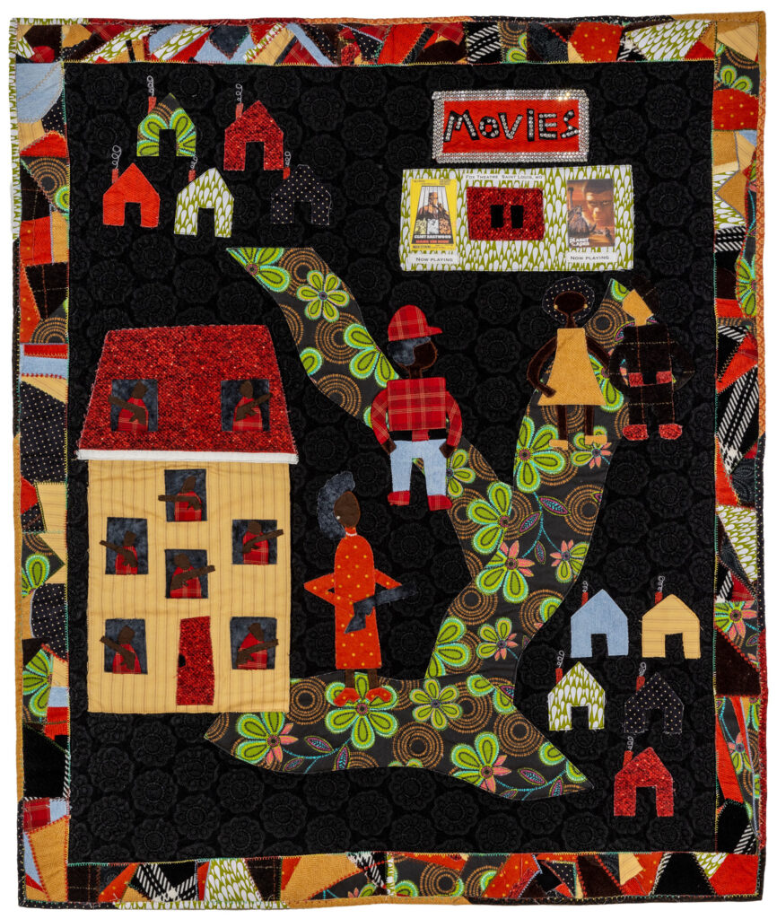 A pictorial quilt depicting a Black community connected by a flower path.