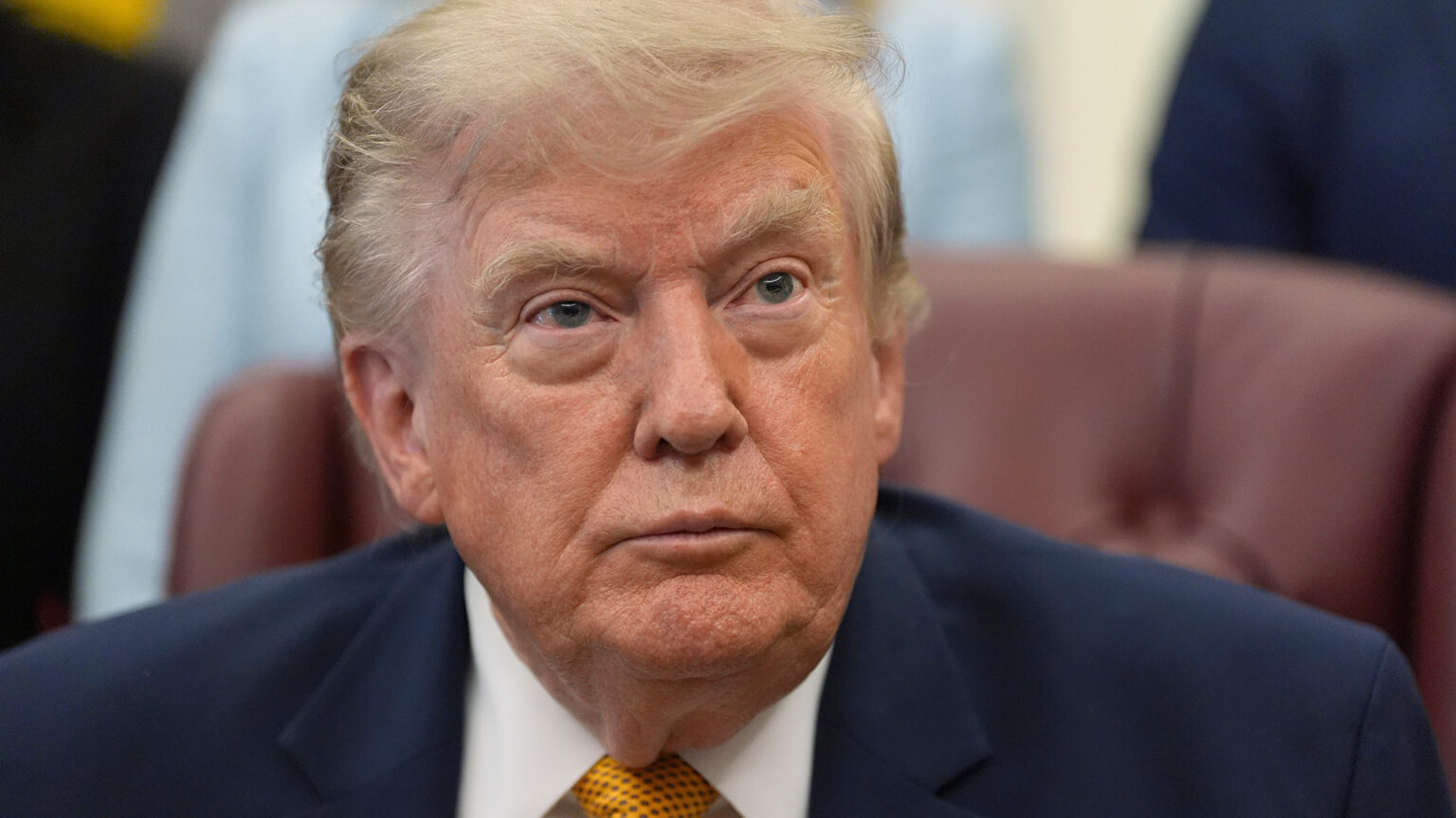 Donald Trump sits in a high-backed leather chair with out-of-focus torso of people standing behind him in the background. Donald Trump sits in a high-backed leather chair with out-of-focus torso of people standing behind him in the background.
