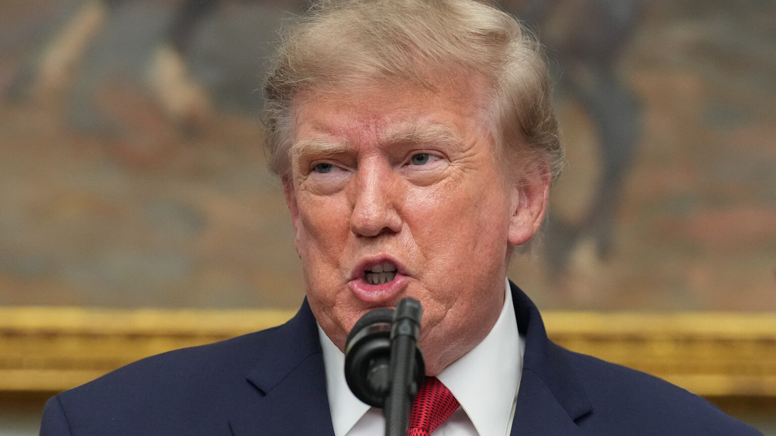 Donald Trump speaks into a mounted microphone with an out-of-focus painting in the background. Donald Trump speaks into a mounted microphone with an out-of-focus painting in the background.