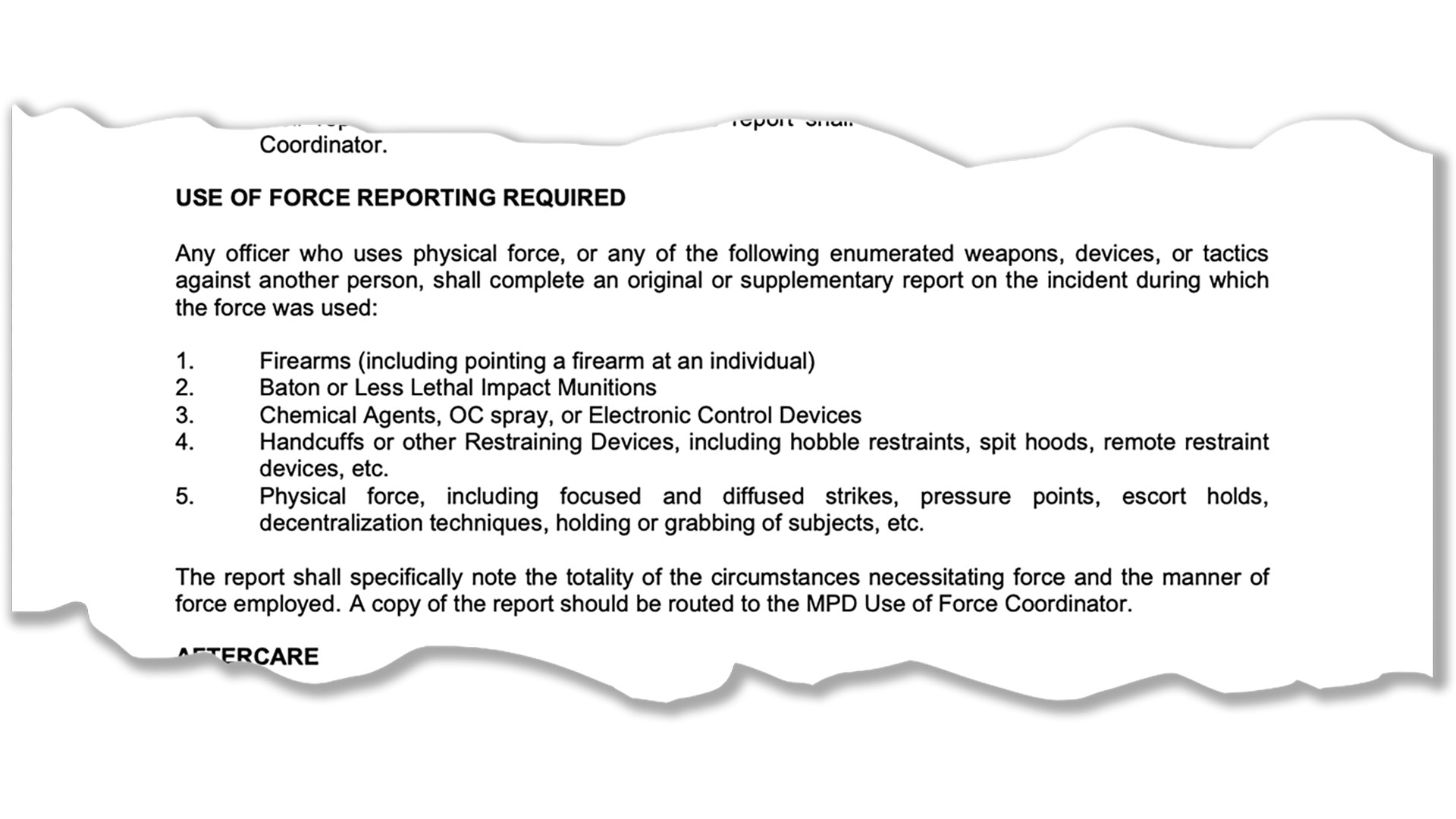 A screenshot of a printed page with stylized tear marks at the top and bottom shows the title copy "Use of Force Reporting Required" and a list with examples and additional text about the process.