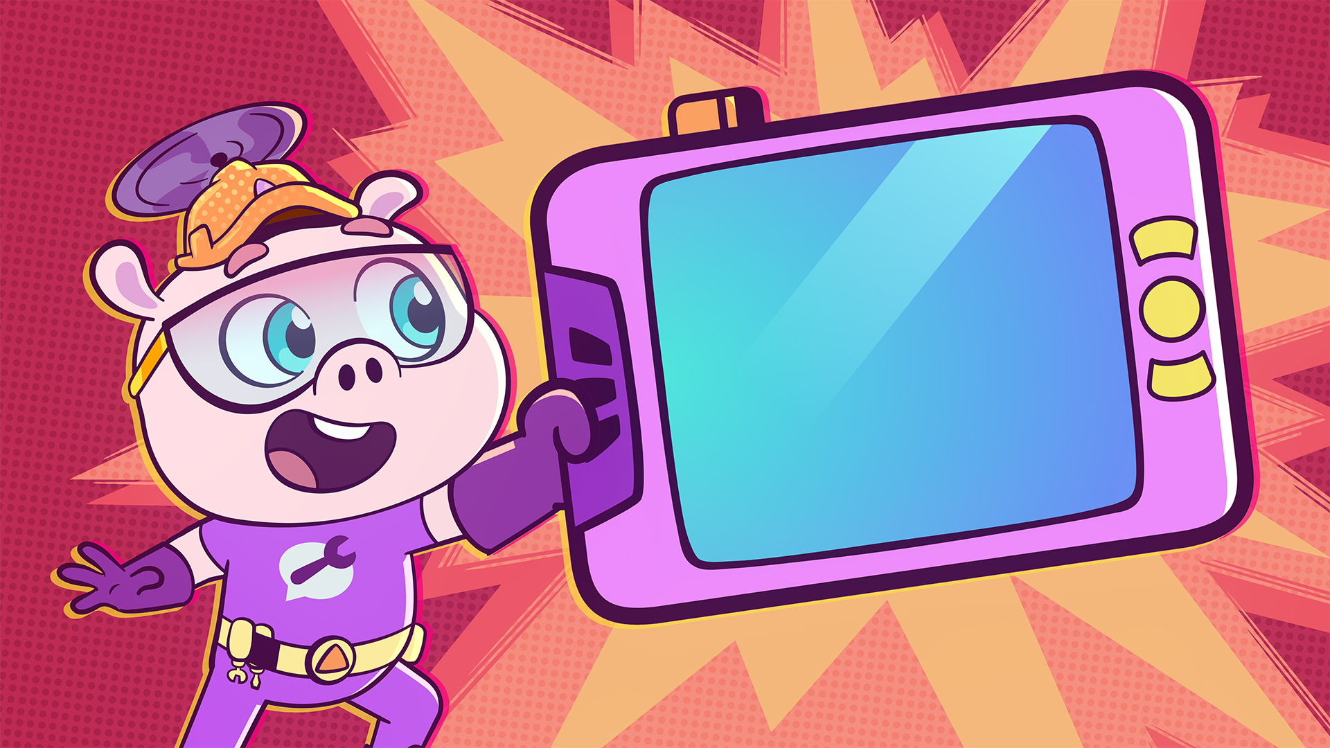 Cartoon astronaut - Alpha Pig - with a purple suit and helmet presents a large pink tablet with a blue screen against a bright comic-style burst.