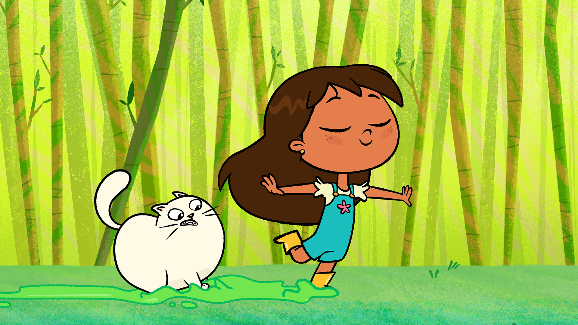 Rosie from Rosie's Rules dances on one leg through a puddle of green slime in a bamboo forest, arms outstretched, eyes closed in delight. Beside her, her cat Fifi stands in the slime with a startled, wide-eyed expression and bared teeth.
