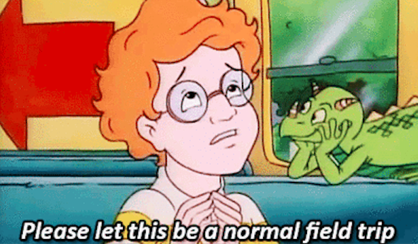 A cartoon boy gazes skyward. The caption below reads, "Please let this be a normal field trip."