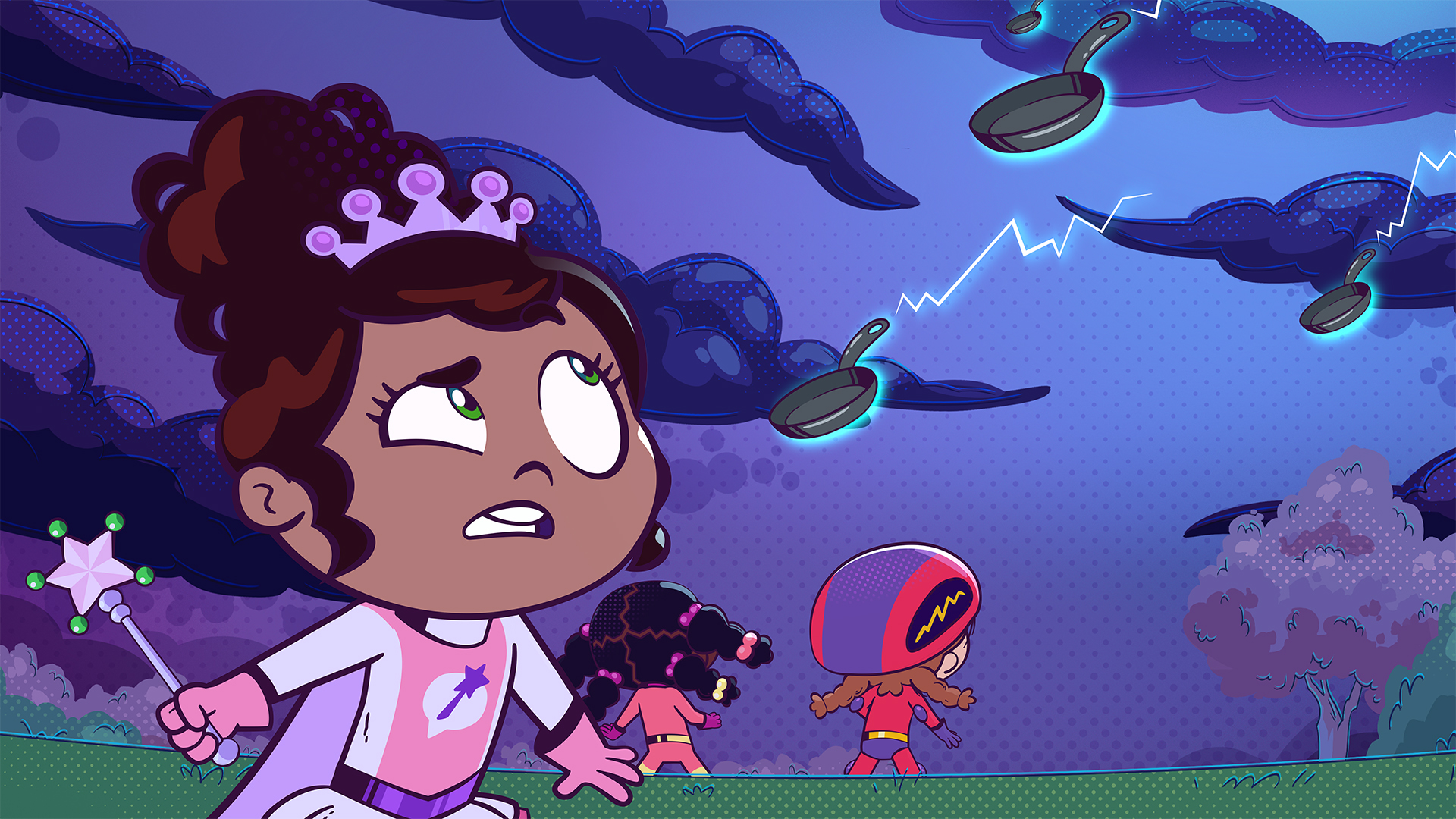 Cartoon girl - Princess Presto - with curly hair and wand looks worried as flying saucers cross a stormy purple sky; children run behind her, creating an urgent mood.
