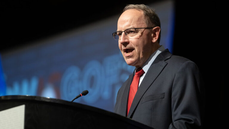 Republican candidate for governor Rep. Tom Tiffany speaks Saturday, May 16, 2026, during the Republican Party of Wisconsin State Convention at Kalahari Resorts & Conventions in Baraboo, Wis. Angela Major/WPR