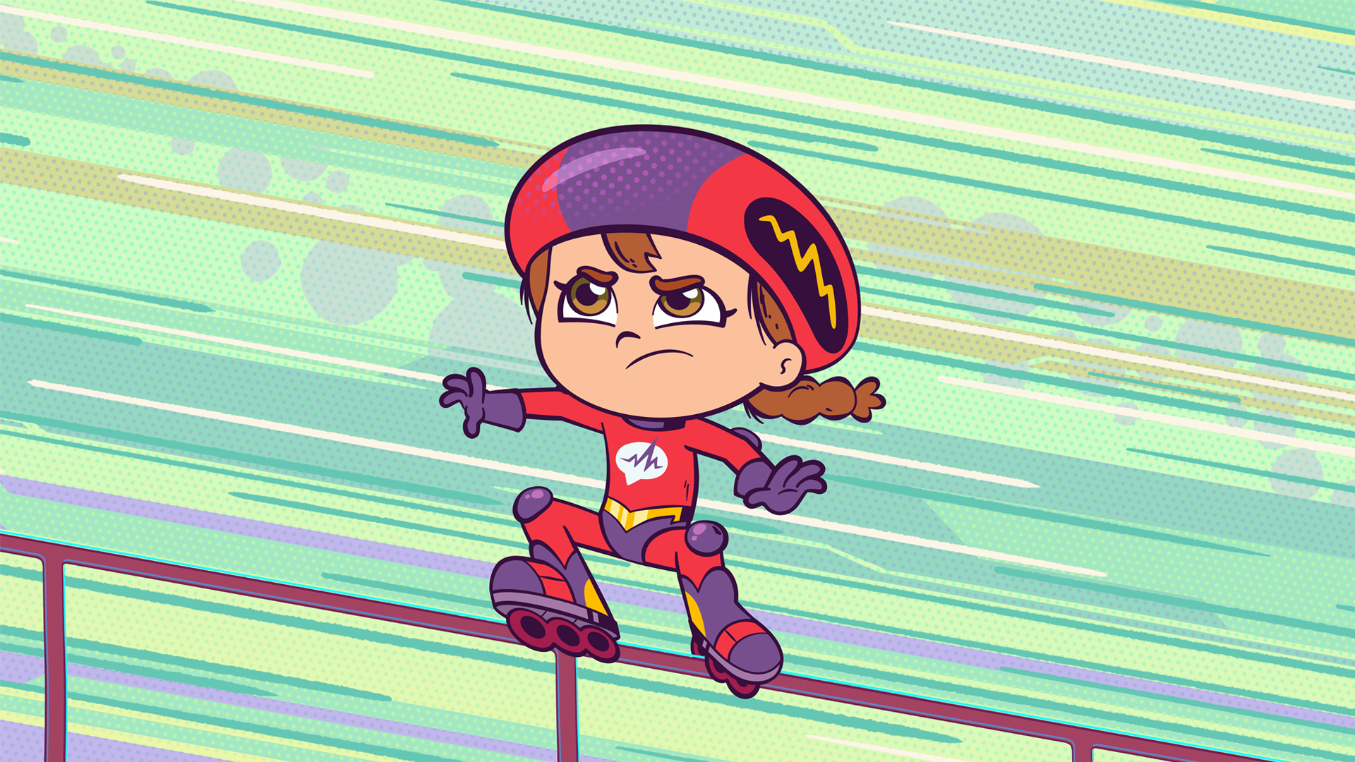 Cartoon girl - Wonder Red - in a red helmet and inline skates balances on a rail, arms outstretched, with a fierce, determined expression and colorful motion lines.