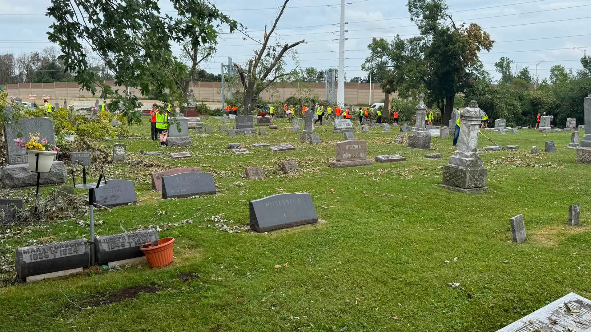 Multiple people wearing reflective safety vests and stand and walk among rows of headstones in a cemetery, with a tree trunk shorn of branches and leaves, other trees, a power line pole and transmission lines, and a highway sound barrier in the background.