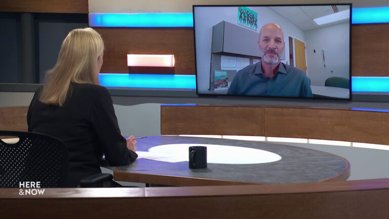 Frederica Freyberg sits at a desk on the Here & Now set and faces a video monitor showing an image of Jim Drees. Frederica Freyberg sits at a desk on the Here & Now set and faces a video monitor showing an image of Jim Drees.