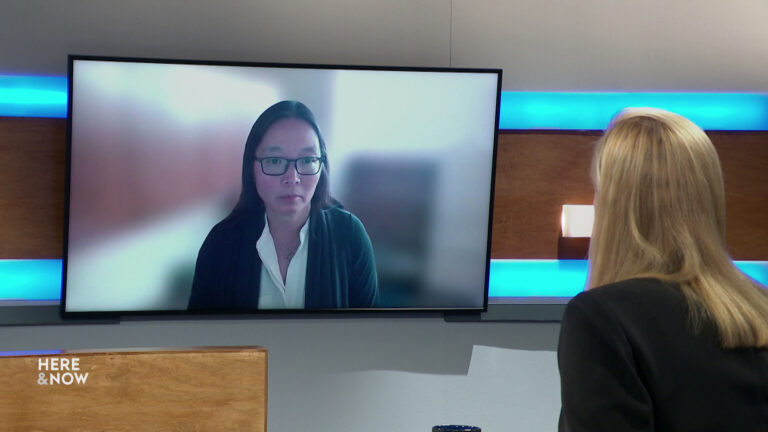 Frederica Freyberg sits at a desk on the Here & Now set and faces a video monitor showing an image of Karen Hyun. Frederica Freyberg sits at a desk on the Here & Now set and faces a video monitor showing an image of Karen Hyun.