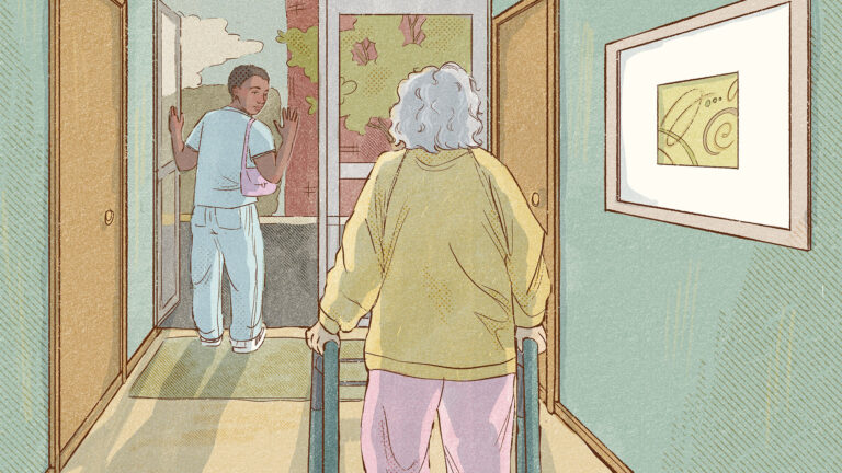 A color illustration with hatching shading shows an older adult using a walker moving in a hallway with closed wood doors on either side toward an open glass door a caregiver is existing while looking back over their shoulder.