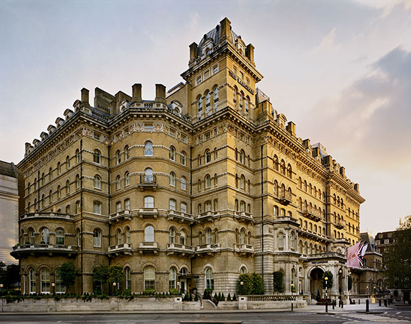 Exterior of the luxury brick hotel The Langham.