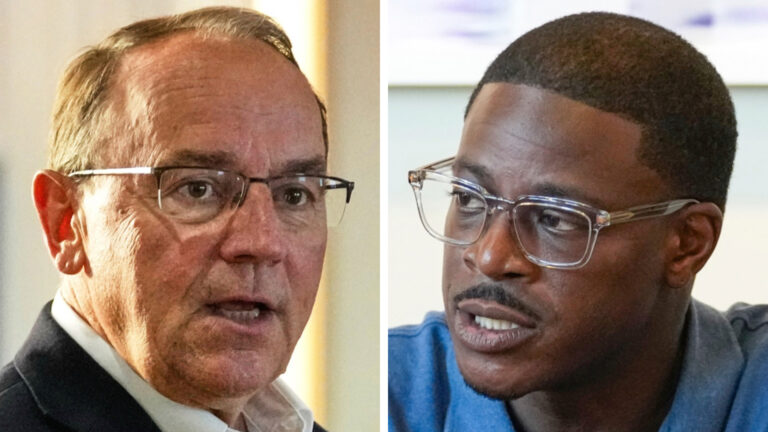 Two side-by-side photos show Tom Tiffany and David Crowley speaking.
