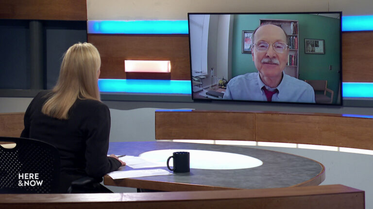 Frederica Freyberg sits at a desk on the Here & Now set and faces a video monitor showing an image of Mordecai Lee Frederica Freyberg sits at a desk on the Here & Now set and faces a video monitor showing an image of Mordecai Lee