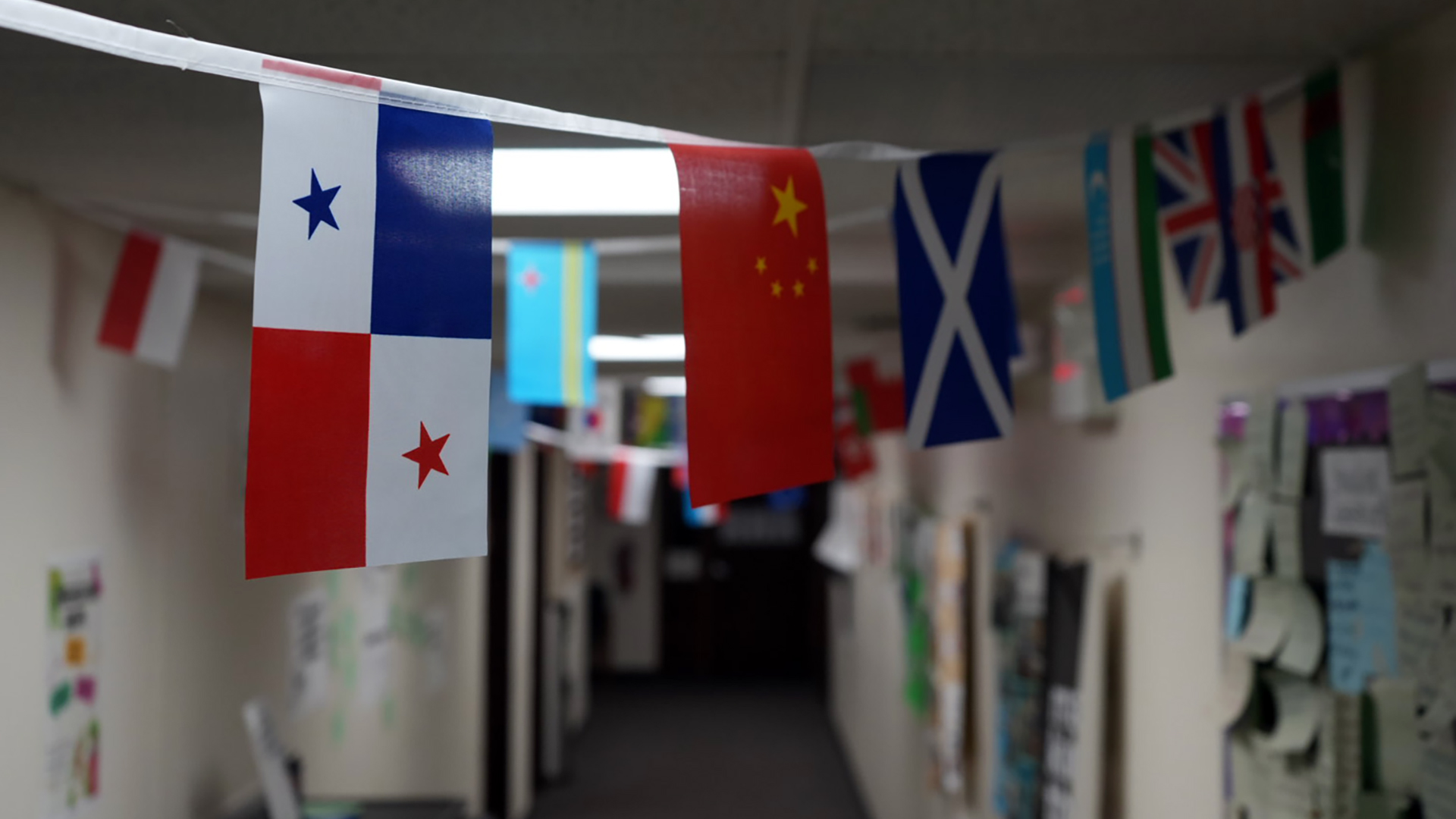 Small flags of numerous nations are displayed in connected rows suspended from the ceiling of a hallway illuminated by fluorescent lights, with out-of-focus posters, notes and printed materials attached to both walls.
